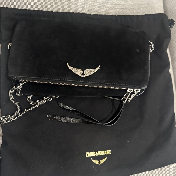 Zadig & Voltaire Rock Black Suede Croosbody Bag with Silver Chain - Picture 2 of 5